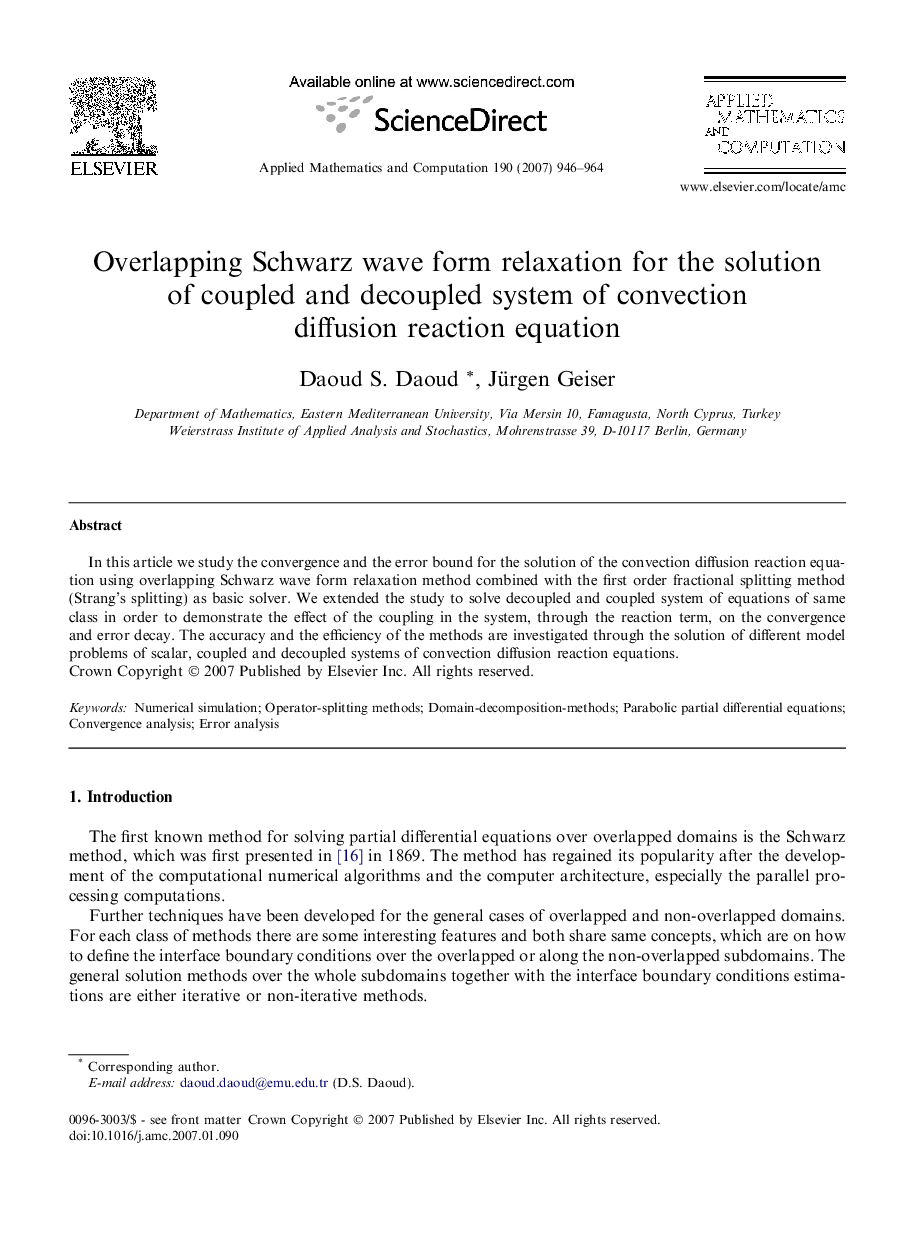 Overlapping Schwarz wave form relaxation for the solution of coupled and decoupled system of convection diffusion reaction equation