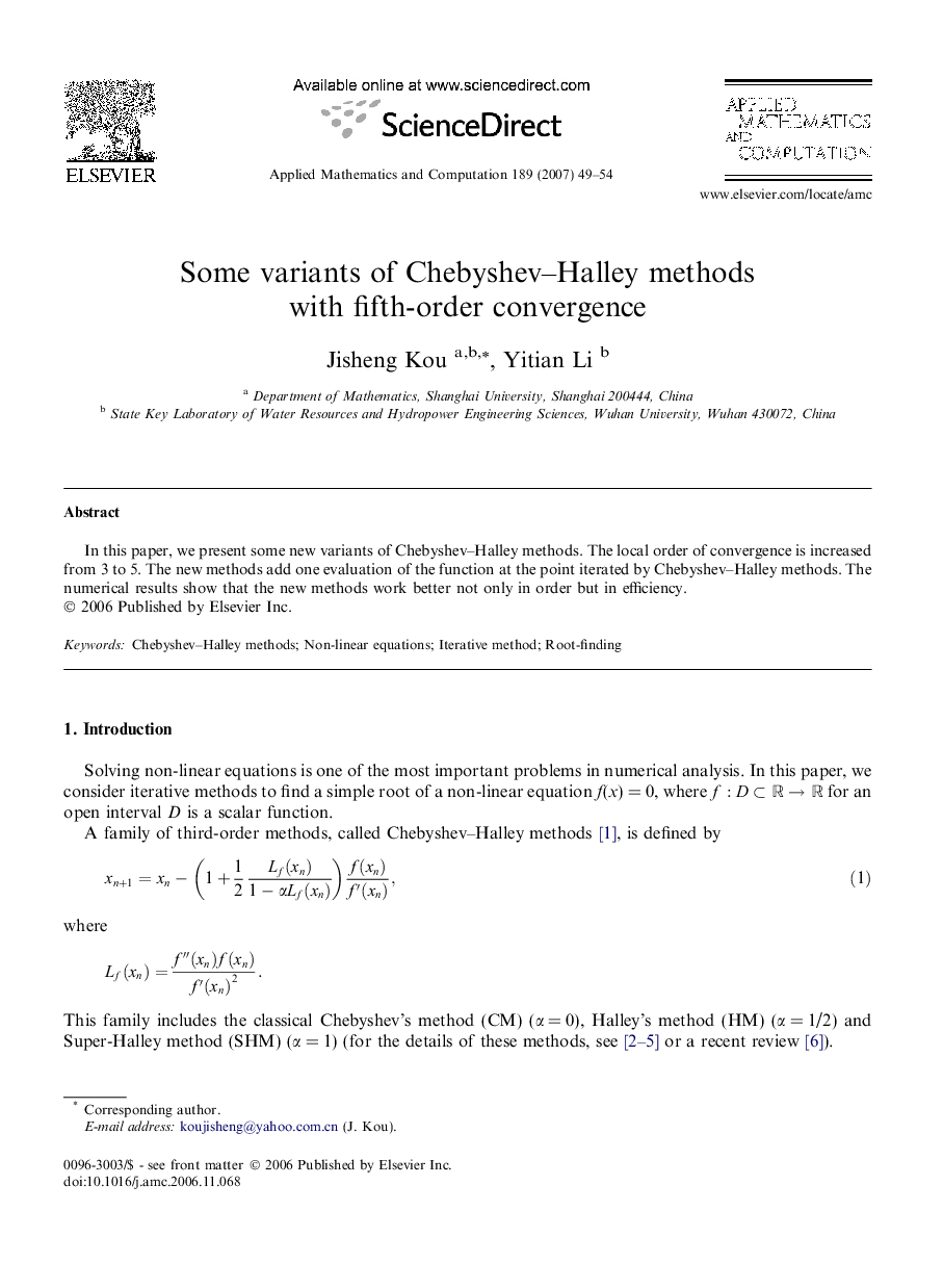 Some variants of Chebyshev-Halley methods with fifth-order convergence