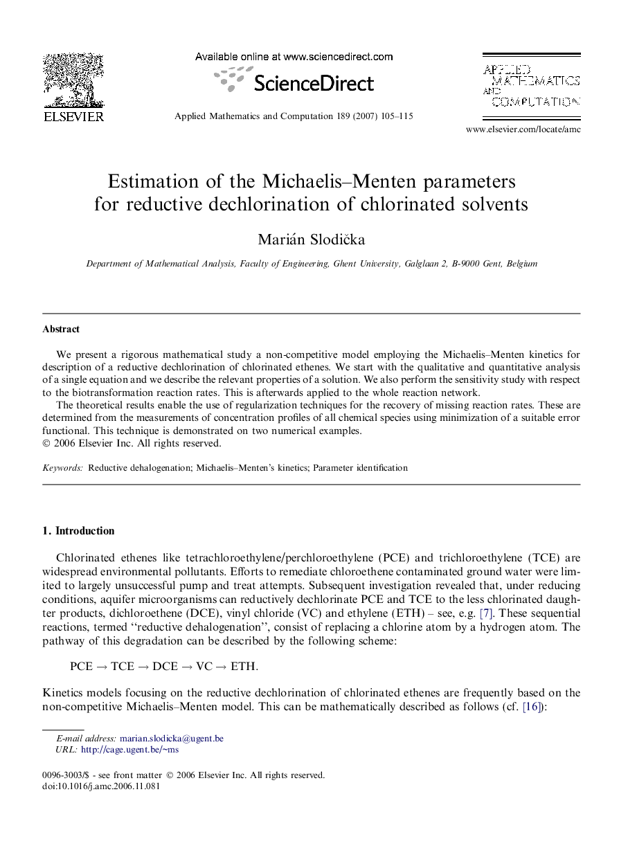 Estimation of the Michaelis-Menten parameters for reductive dechlorination of chlorinated solvents