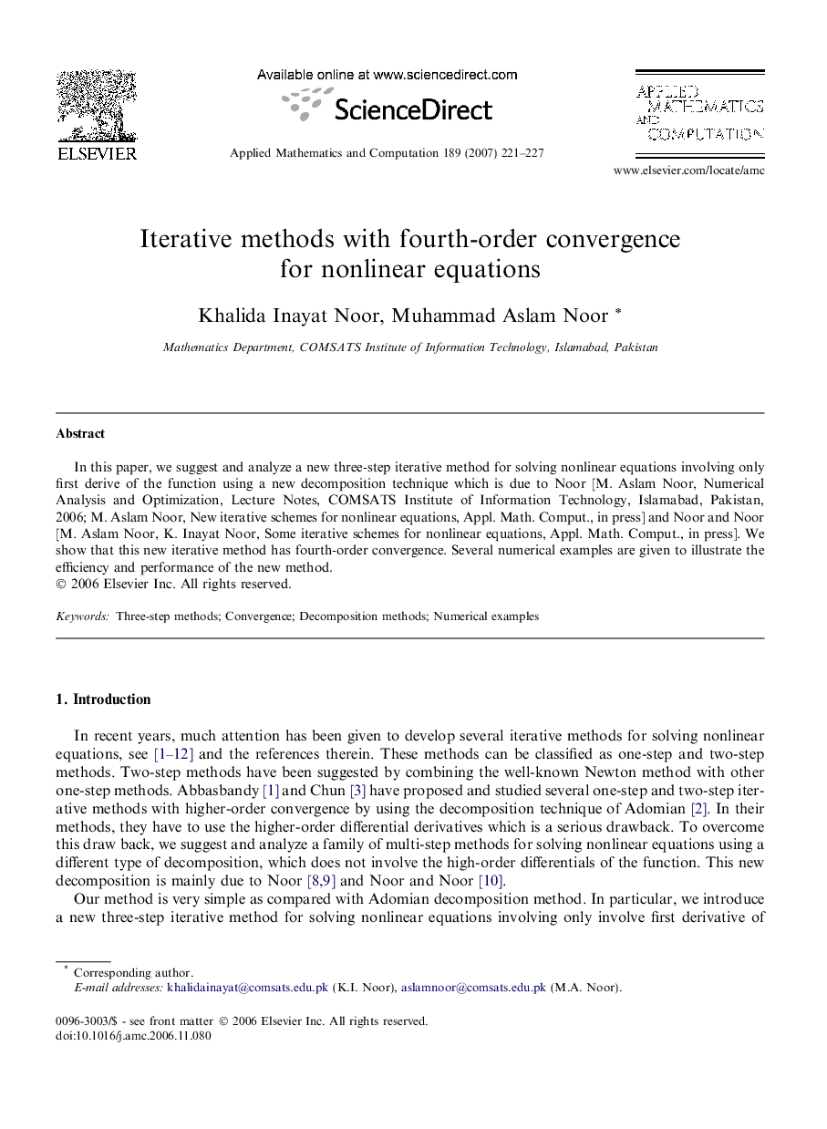 Iterative methods with fourth-order convergence for nonlinear equations