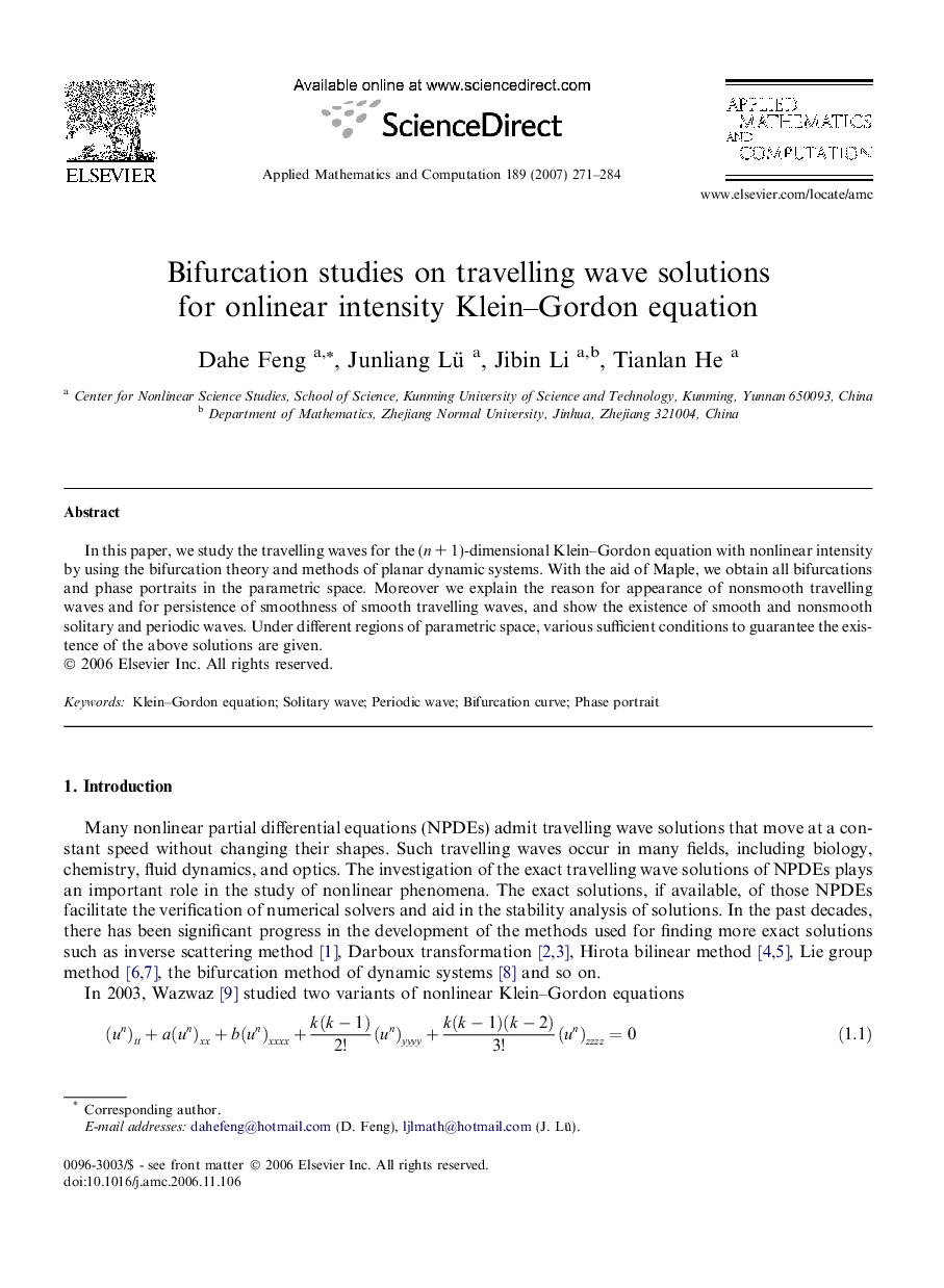 Bifurcation studies on travelling wave solutions for nonlinear intensity Klein-Gordon equation