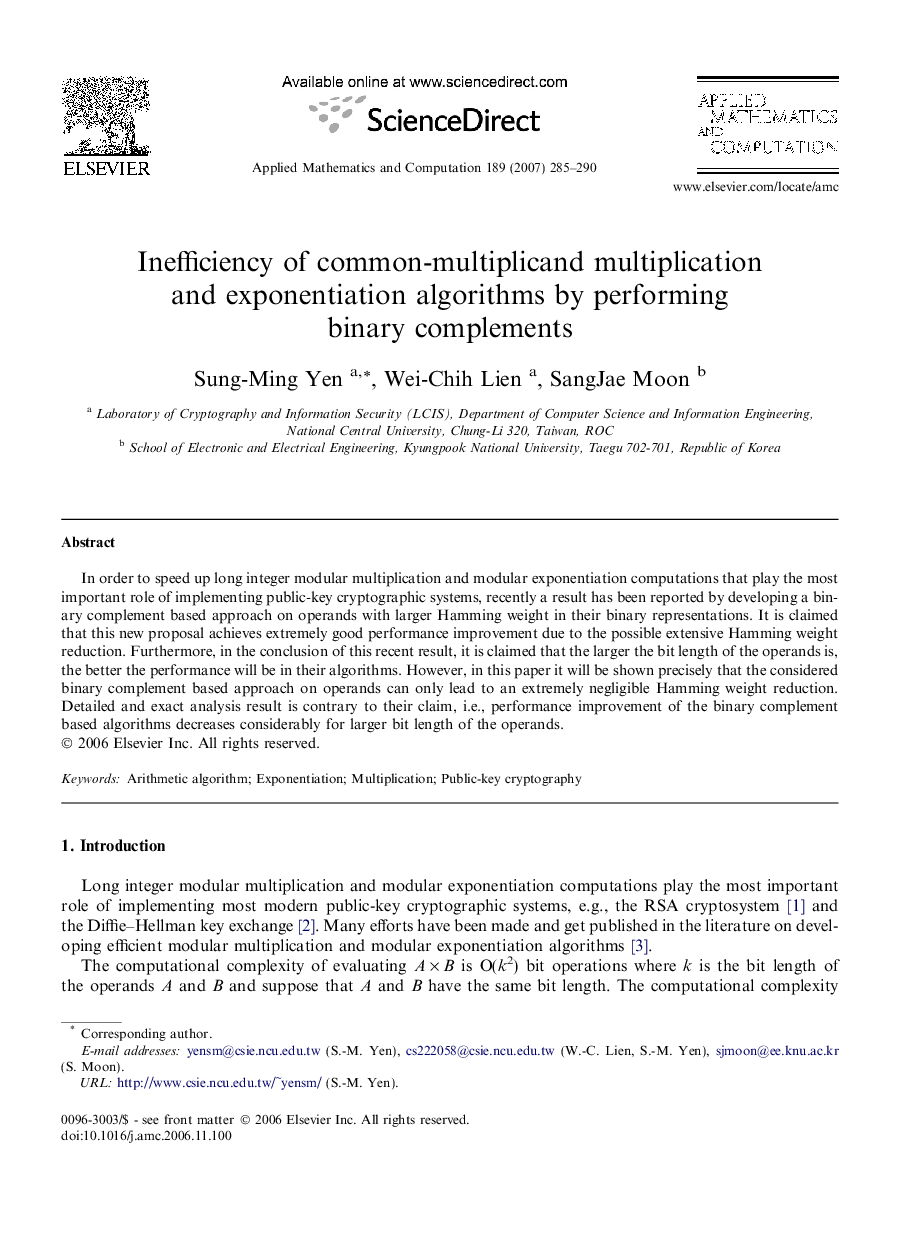 Inefficiency of common-multiplicand multiplication and exponentiation algorithms by performing binary complements