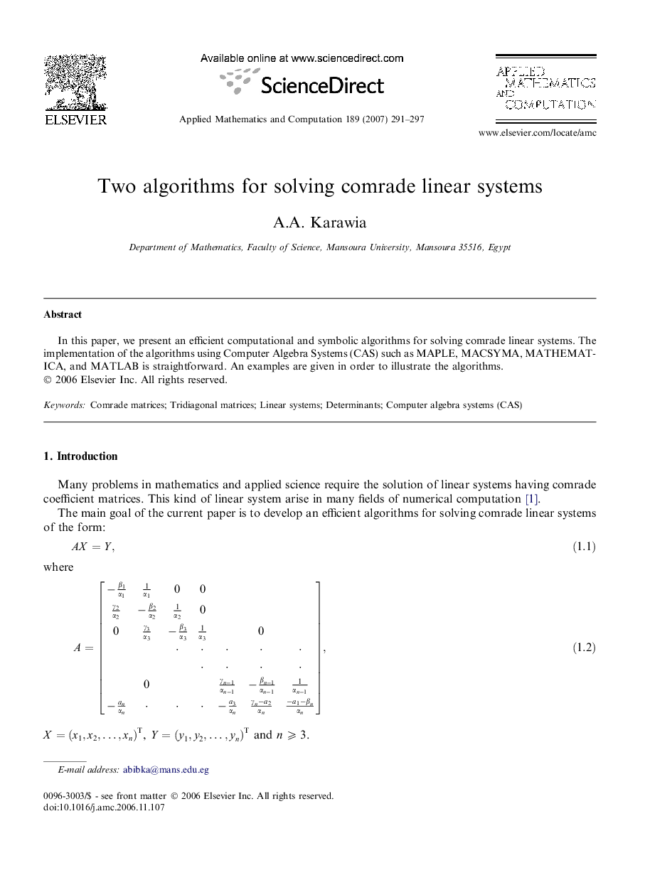 Two algorithms for solving comrade linear systems