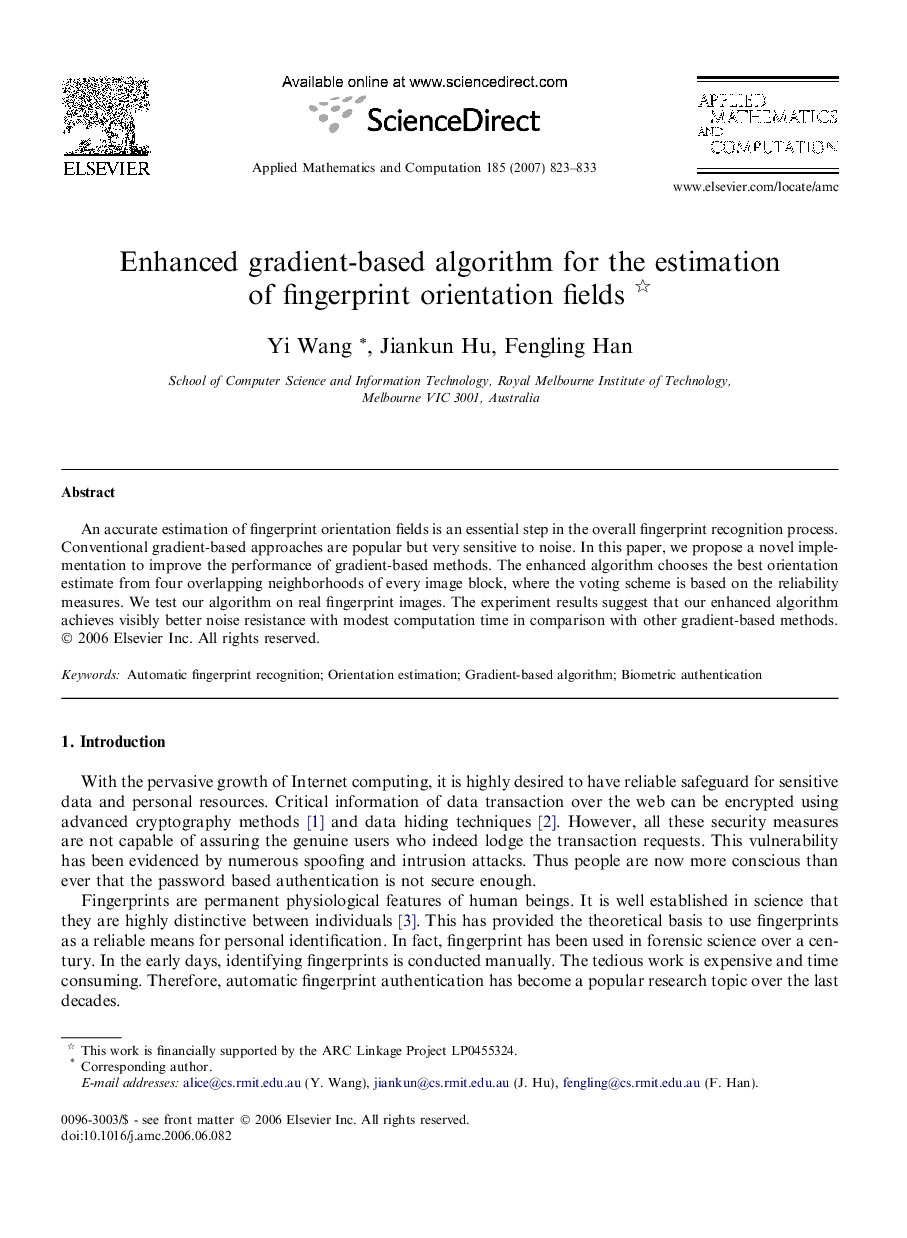 Enhanced gradient-based algorithm for the estimation of fingerprint orientation fields