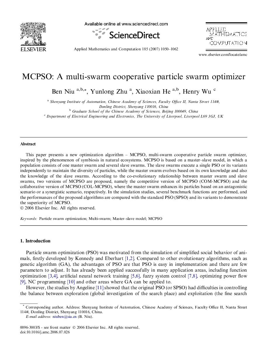 MCPSO: A multi-swarm cooperative particle swarm optimizer