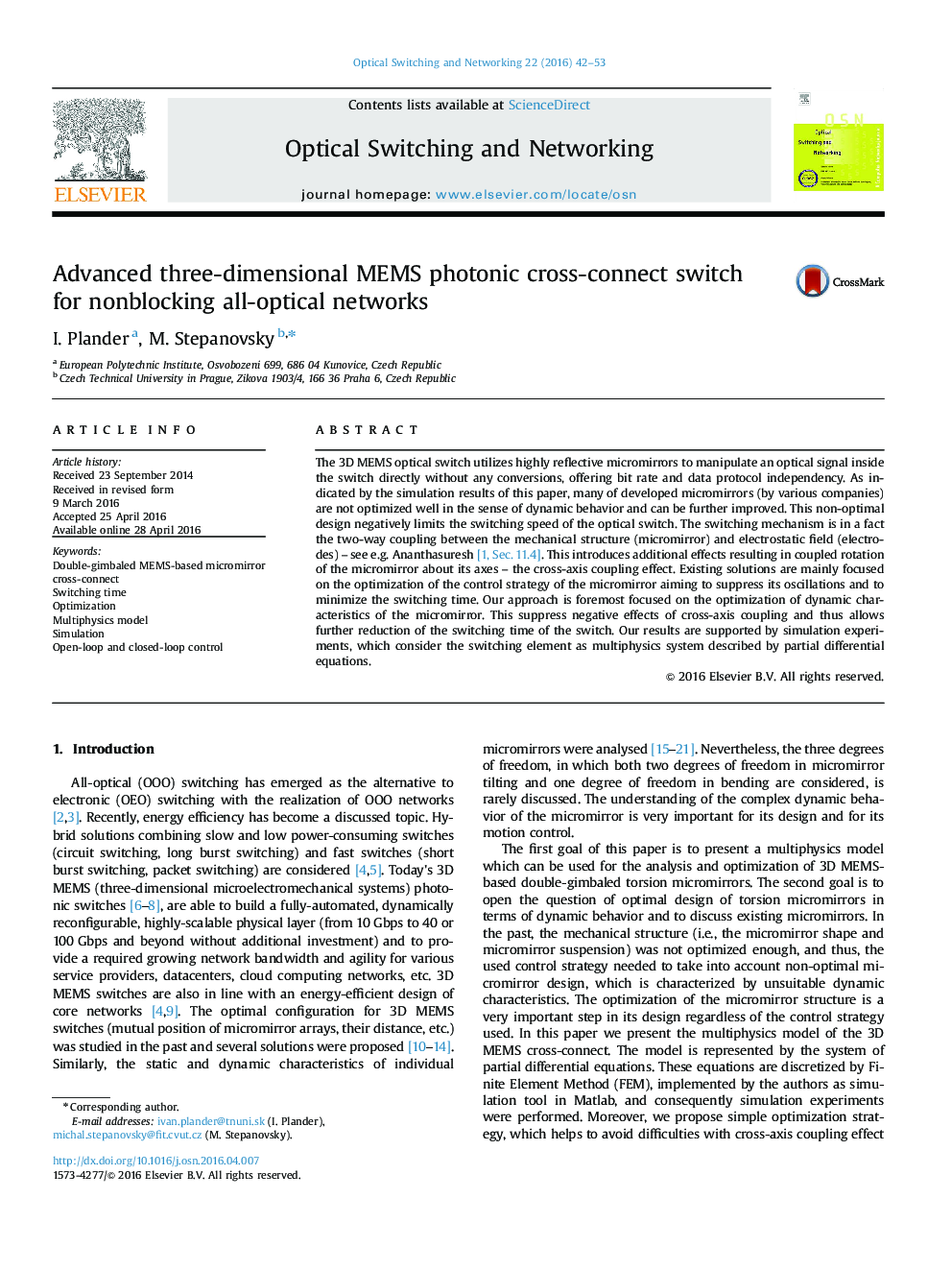 Advanced three-dimensional MEMS photonic cross-connect switch for nonblocking all-optical networks