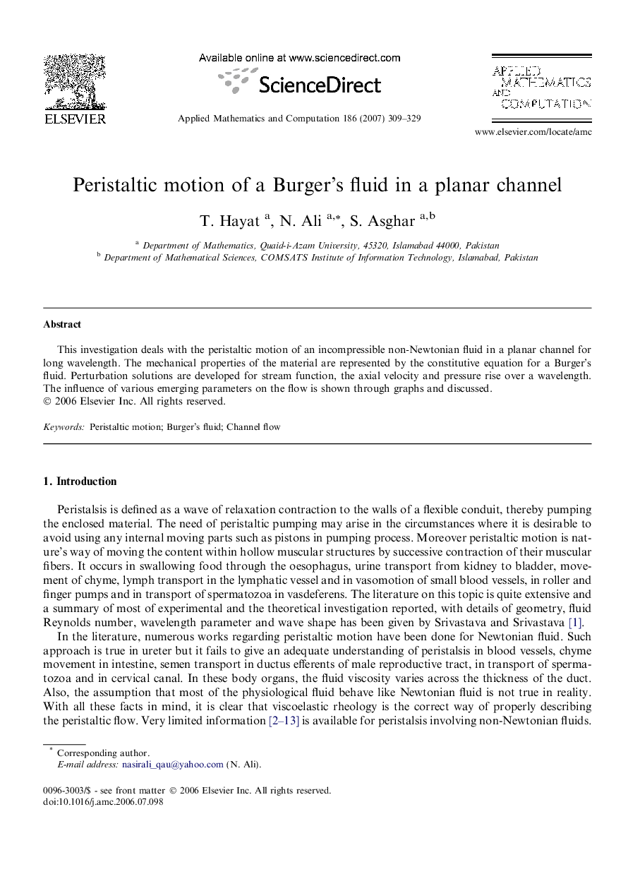 Peristaltic motion of a Burger's fluid in a planar channel