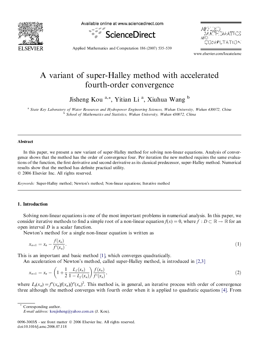 A variant of super-Halley method with accelerated fourth-order convergence