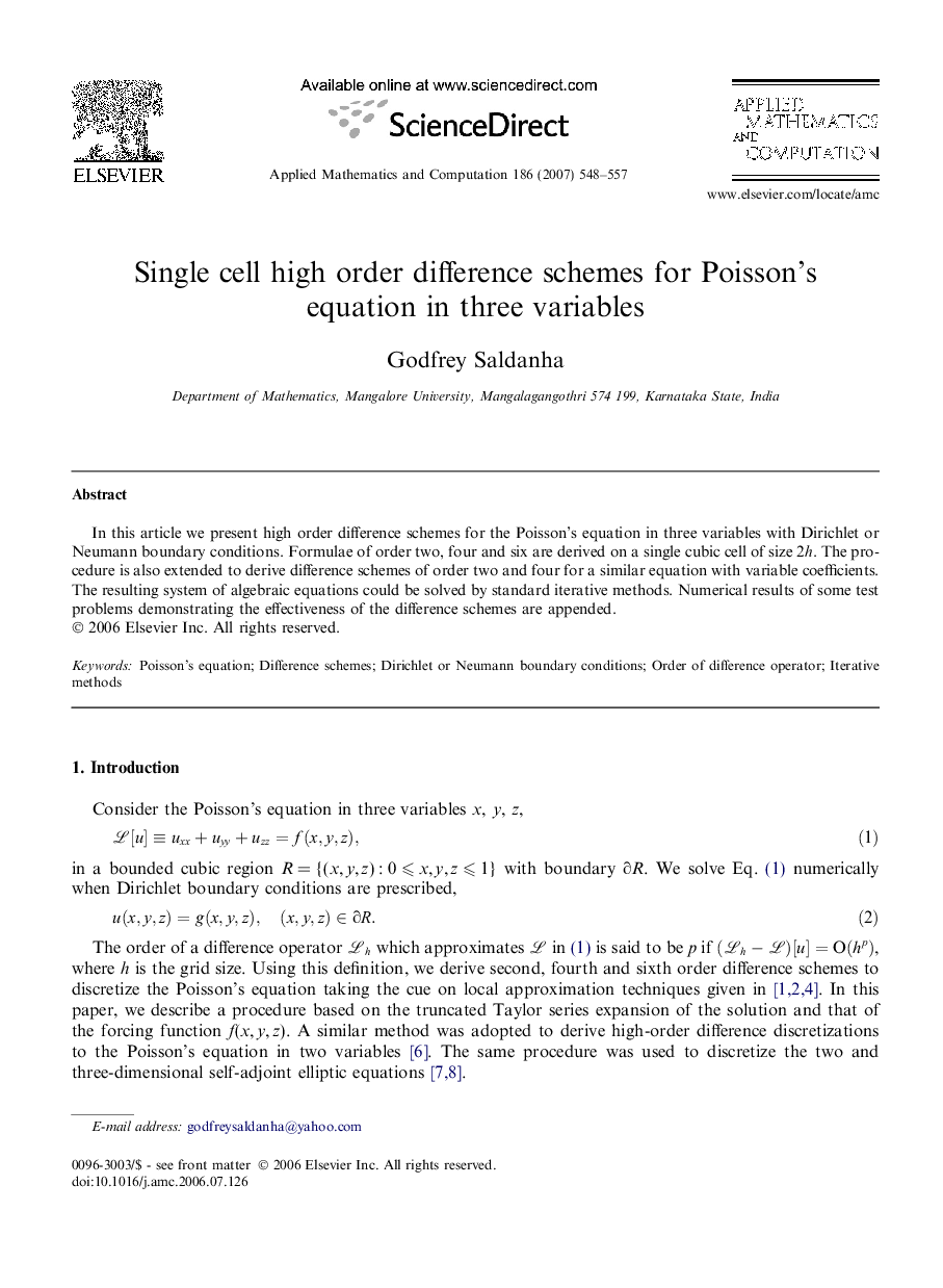 Single cell high order difference schemes for Poisson's equation in three variables