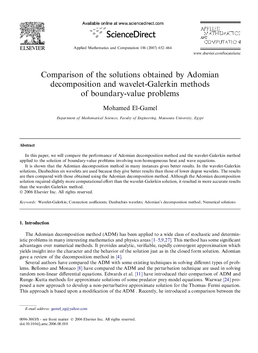 Comparison of the solutions obtained by Adomian decomposition and wavelet-Galerkin methods of boundary-value problems