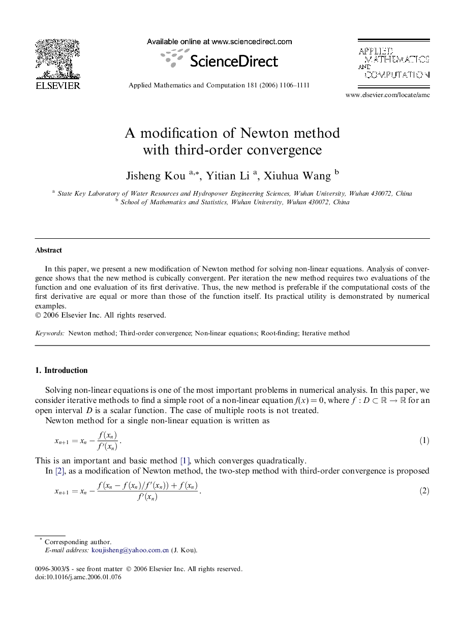 A modification of Newton method with third-order convergence