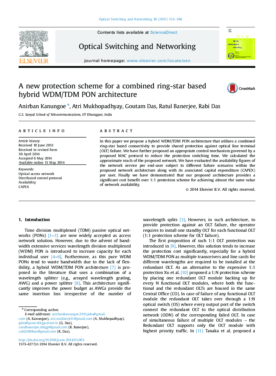 A new protection scheme for a combined ring-star based hybrid WDM/TDM PON architecture