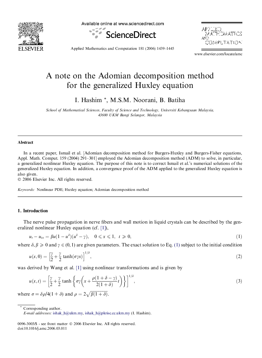 A note on the Adomian decomposition method for the generalized Huxley equation