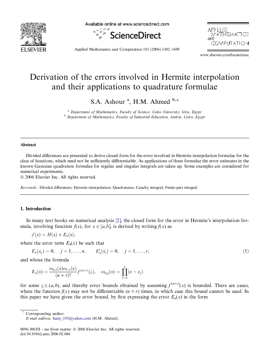 Derivation of the errors involved in Hermite interpolation and their applications to quadrature formulae