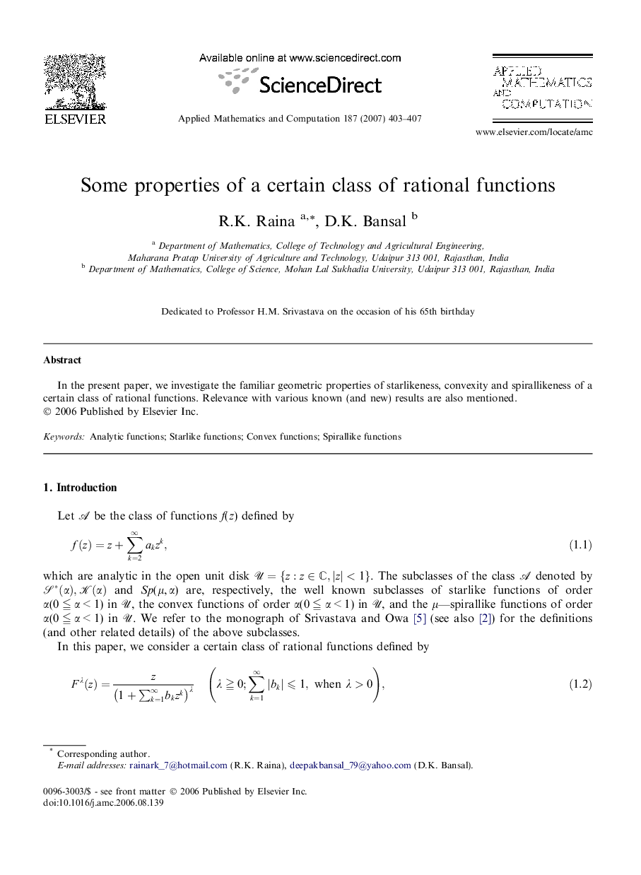 Some properties of a certain class of rational functions