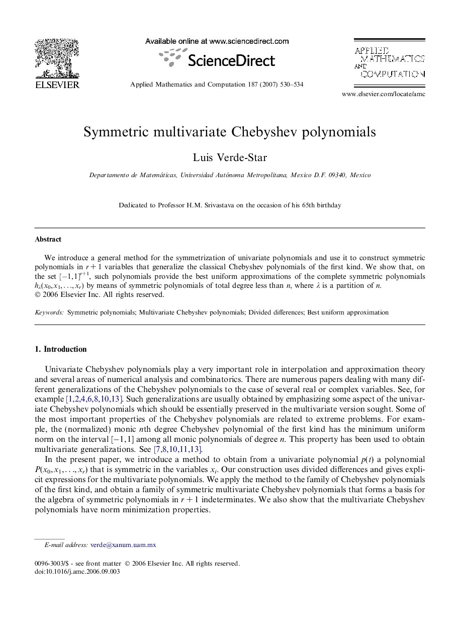 Symmetric multivariate Chebyshev polynomials