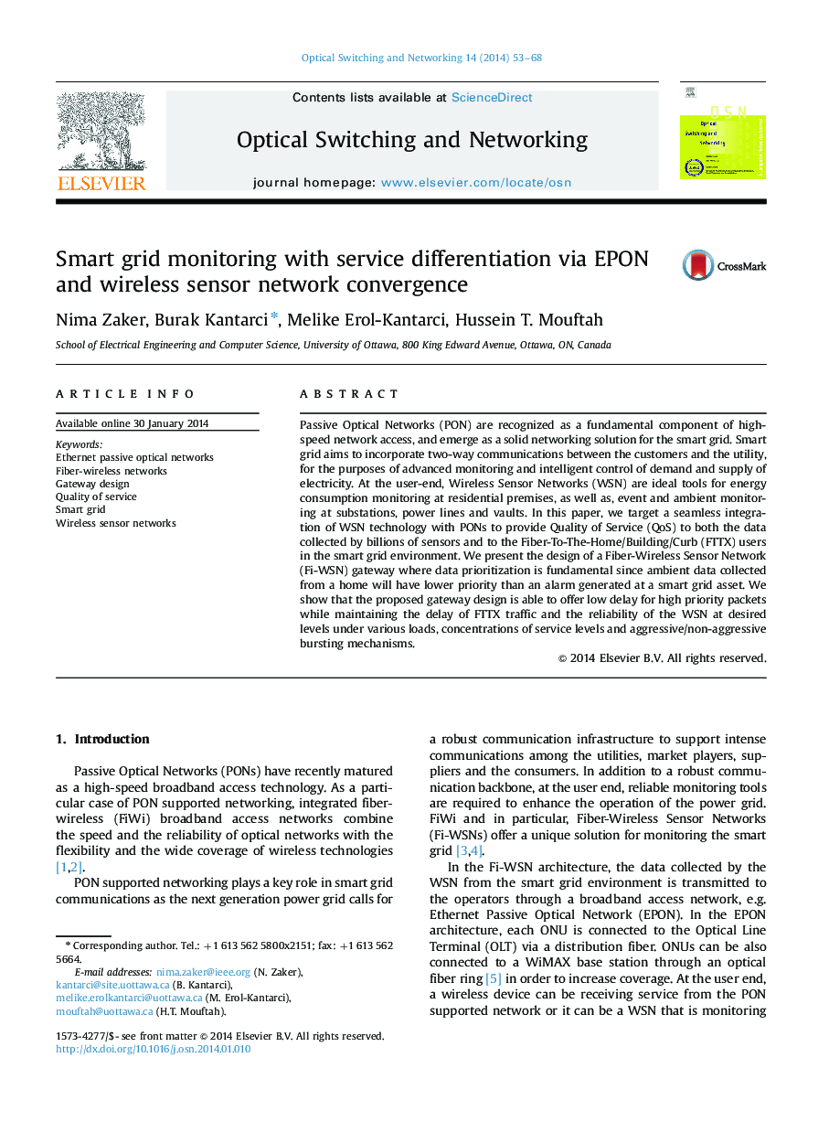 Smart grid monitoring with service differentiation via EPON and wireless sensor network convergence