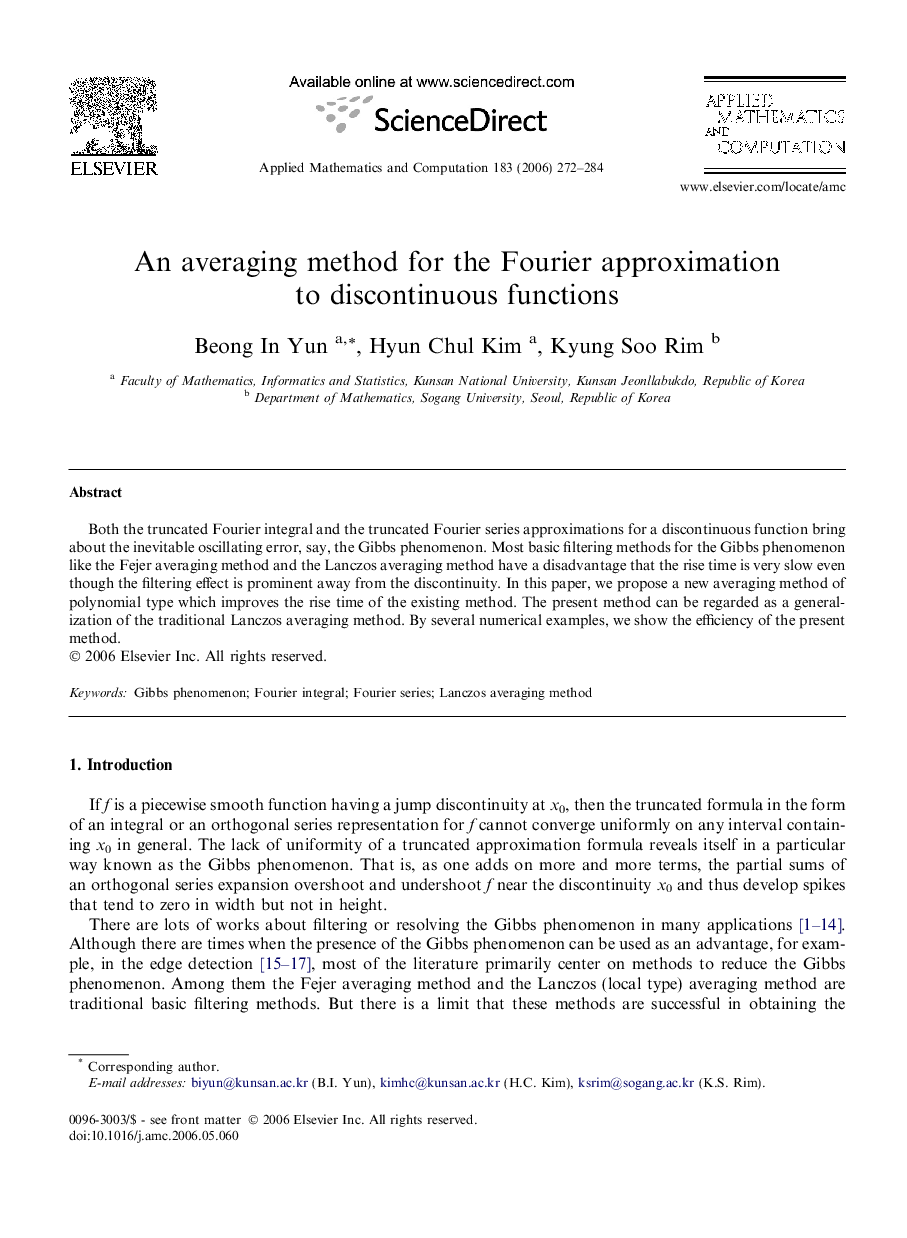 An averaging method for the Fourier approximation to discontinuous functions