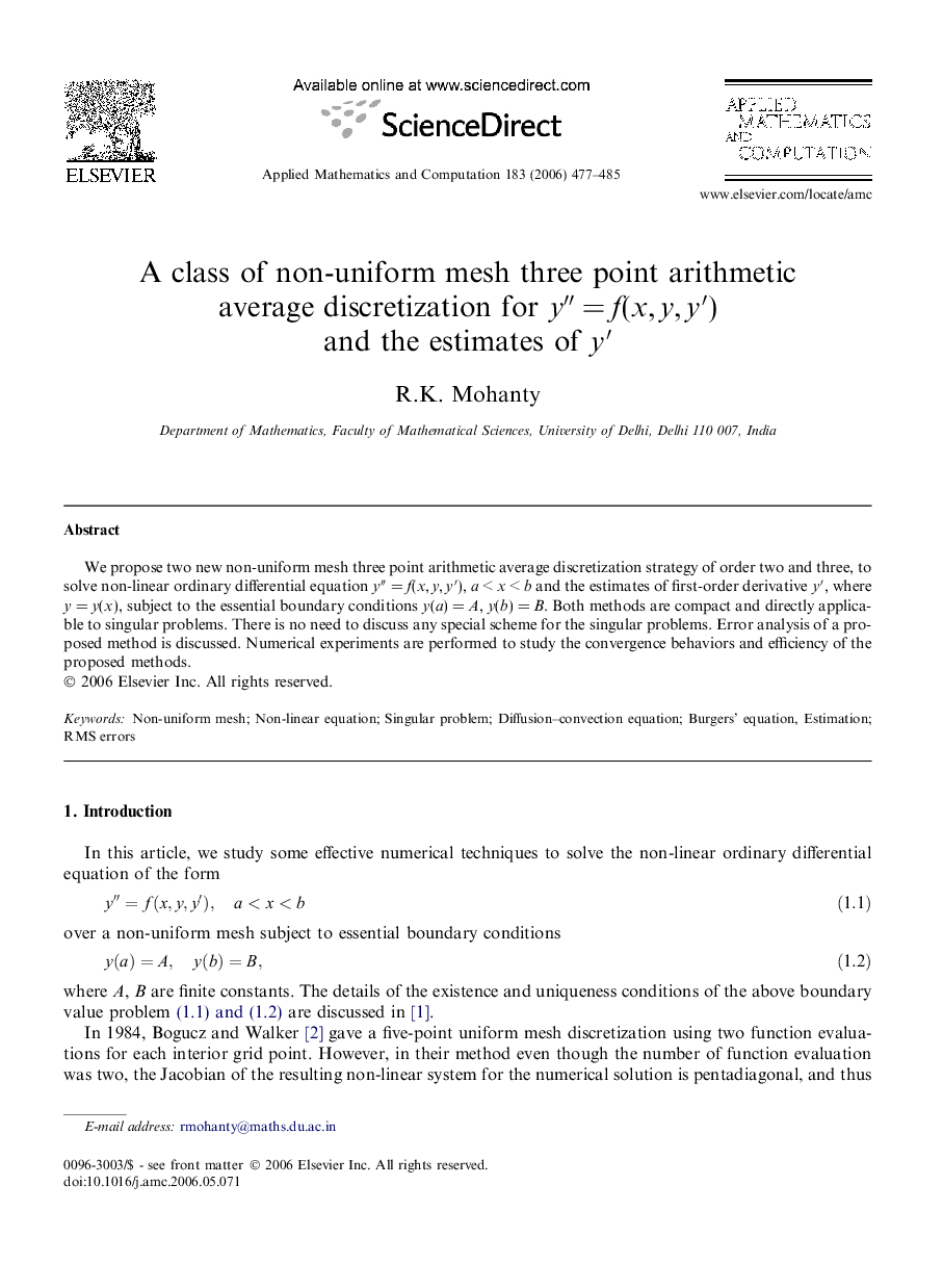 A class of non-uniform mesh three point arithmetic average discretization for yâ³Â =Â f(x,Â y,Â yâ²) and the estimates of yâ²