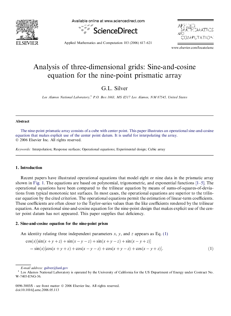 Analysis of three-dimensional grids: Sine-and-cosine equation for the nine-point prismatic array