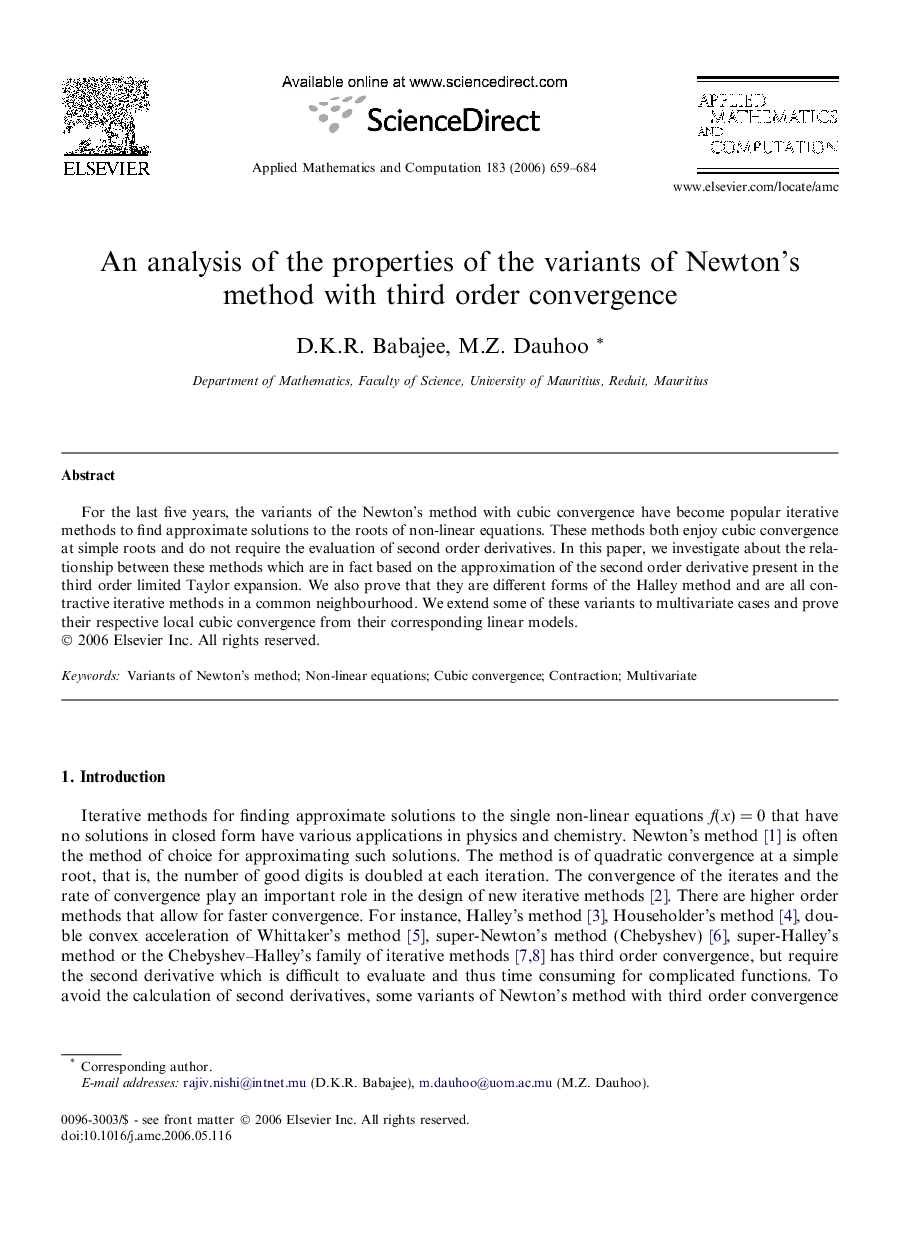 An analysis of the properties of the variants of Newton’s method with third order convergence