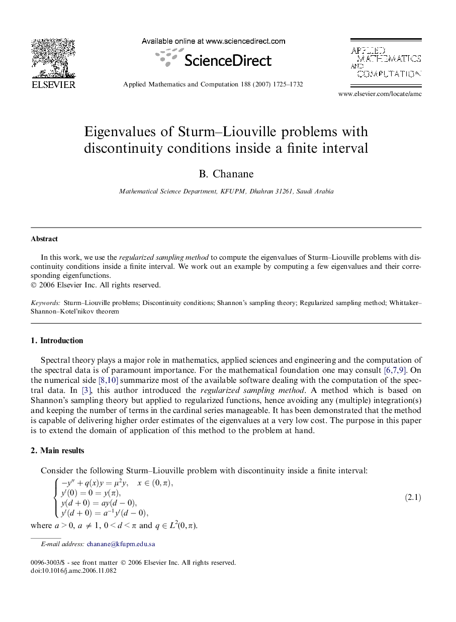 Eigenvalues of Sturm-Liouville problems with discontinuity conditions inside a finite interval