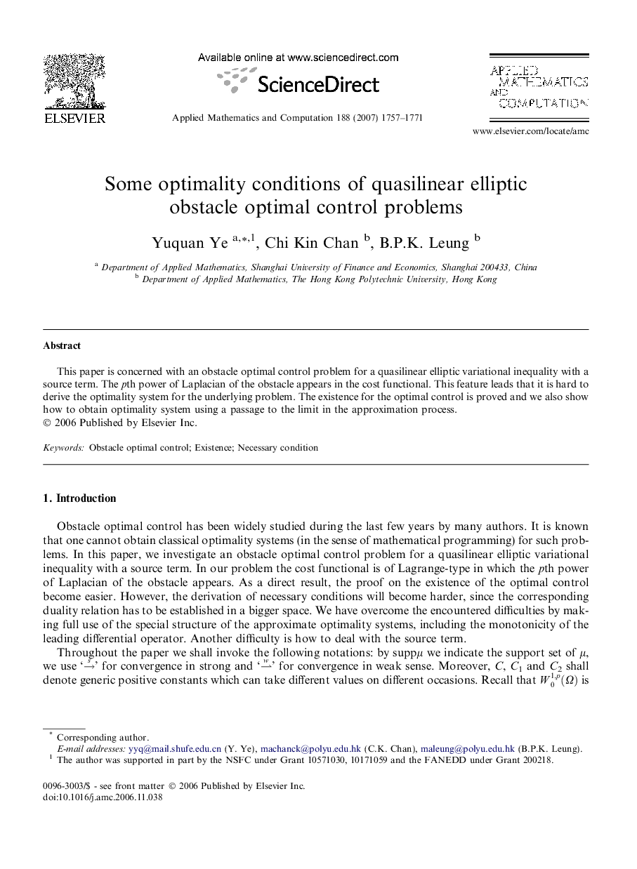 Some optimality conditions of quasilinear elliptic obstacle optimal control problems