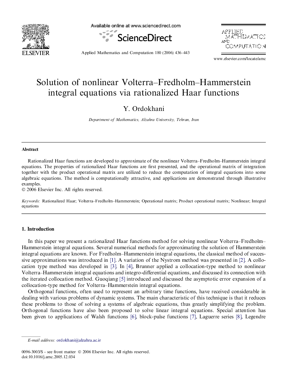 Solution of nonlinear Volterra–Fredholm–Hammerstein integral equations via rationalized Haar functions