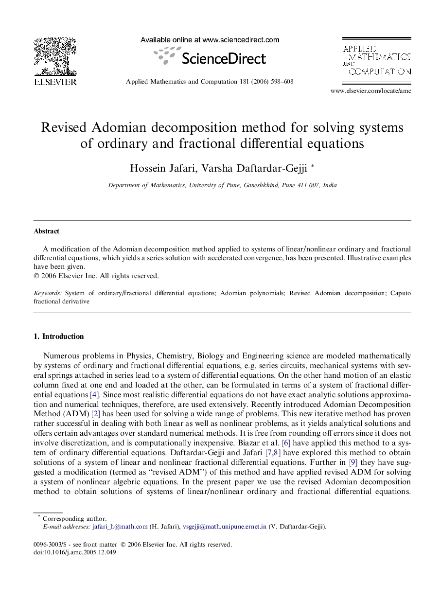 عکس صفحه اول مقاله: Revised Adomian decomposition method for solving systems of ordinary and fractional differential equations Revised Adomian decomposition method for solving systems of ordinary and fractional differential equations