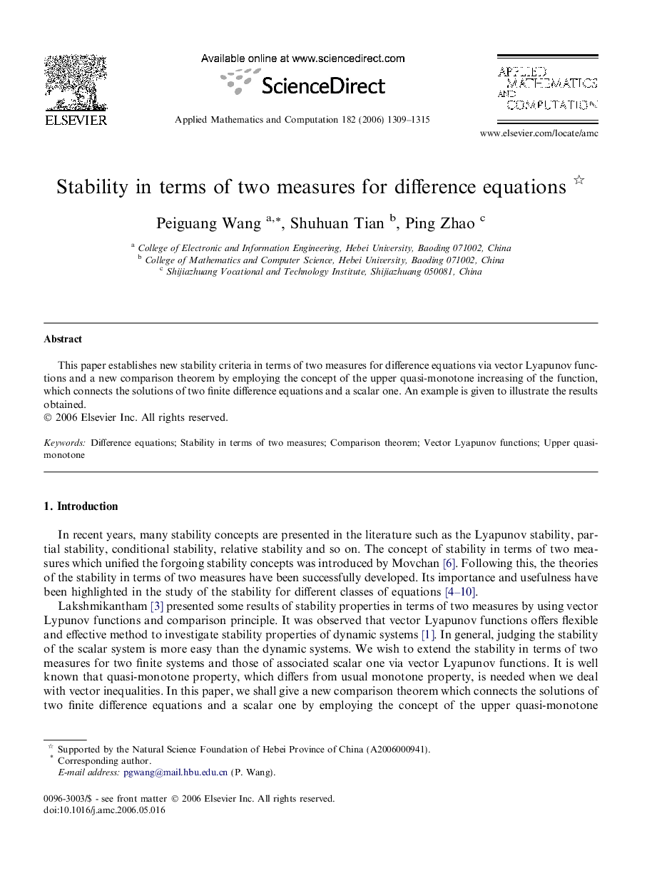 Stability in terms of two measures for difference equations