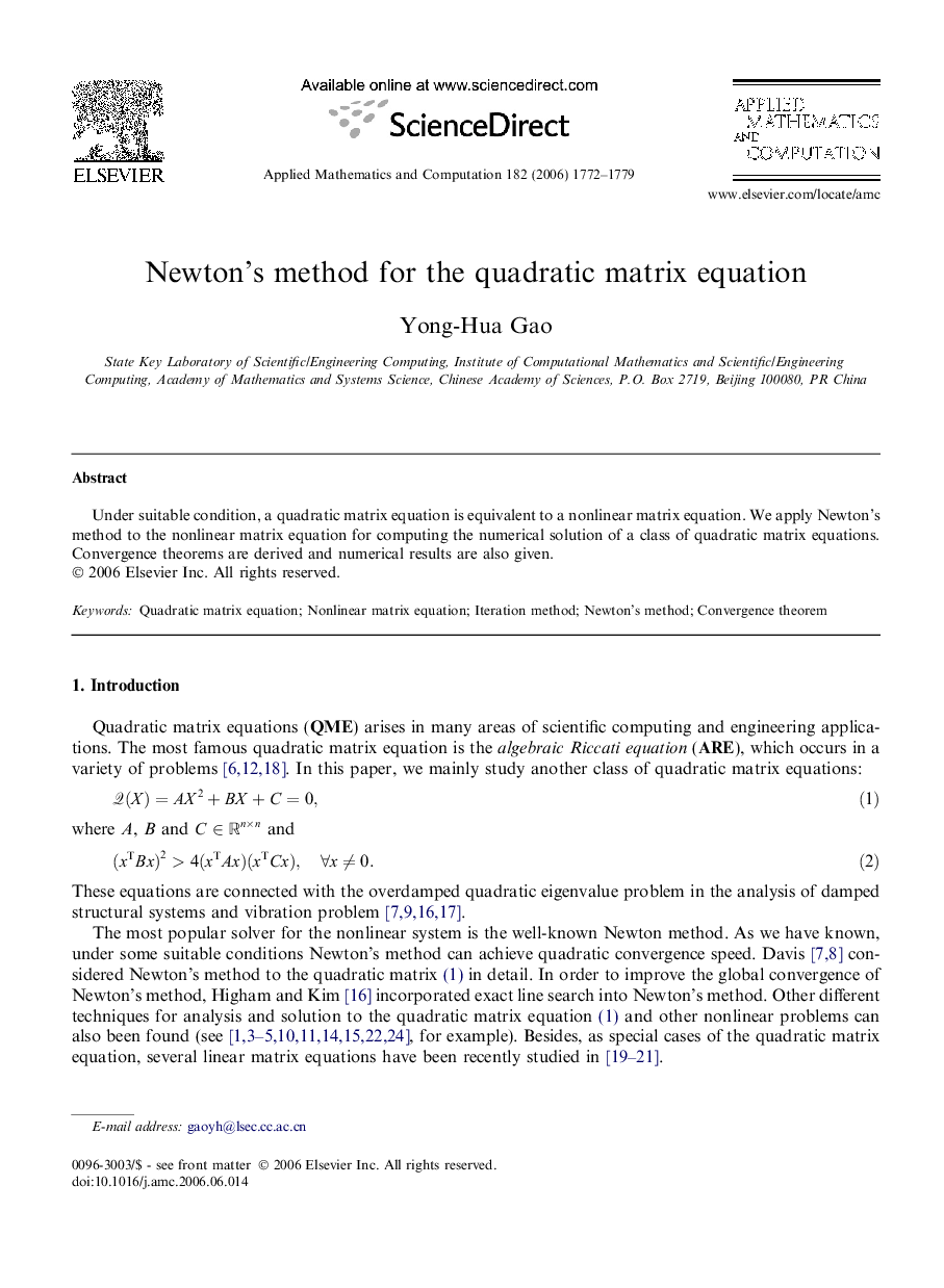 Newton’s method for the quadratic matrix equation