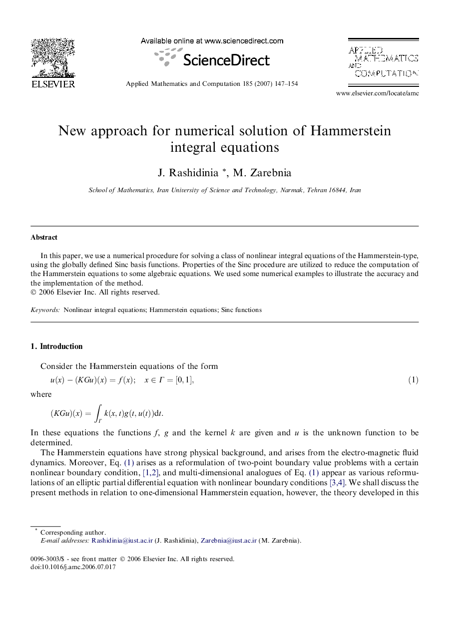 New approach for numerical solution of Hammerstein integral equations