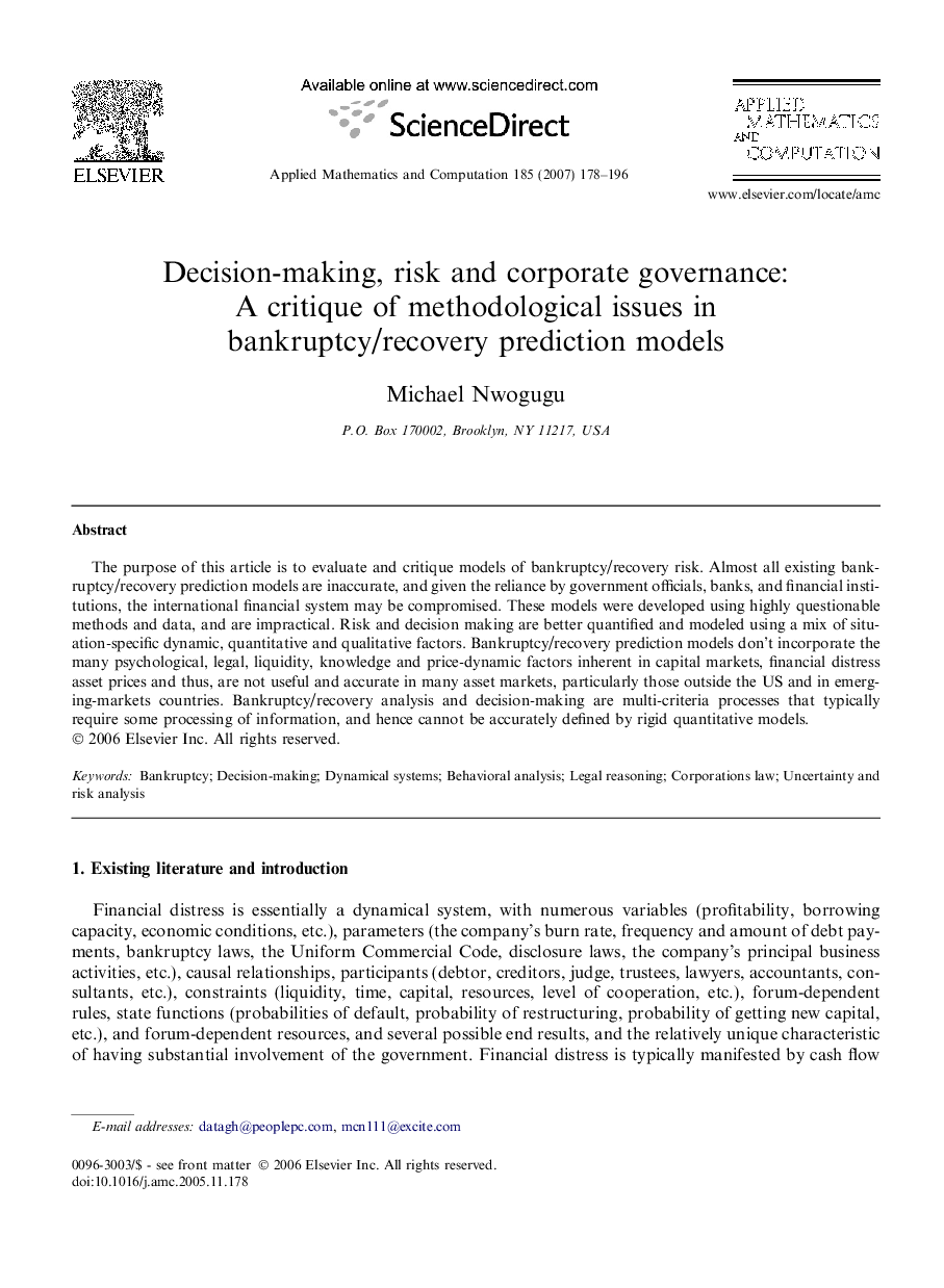 Decision-making, risk and corporate governance: A critique of methodological issues in bankruptcy/recovery prediction models