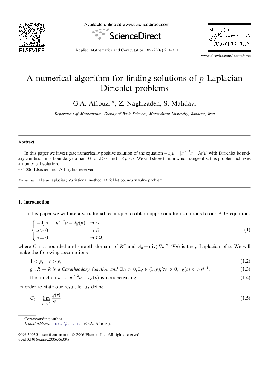 A numerical algorithm for finding solutions of p-Laplacian Dirichlet problems