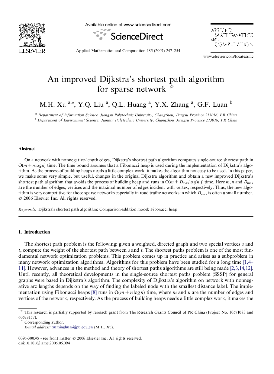 An improved Dijkstra’s shortest path algorithm for sparse network 