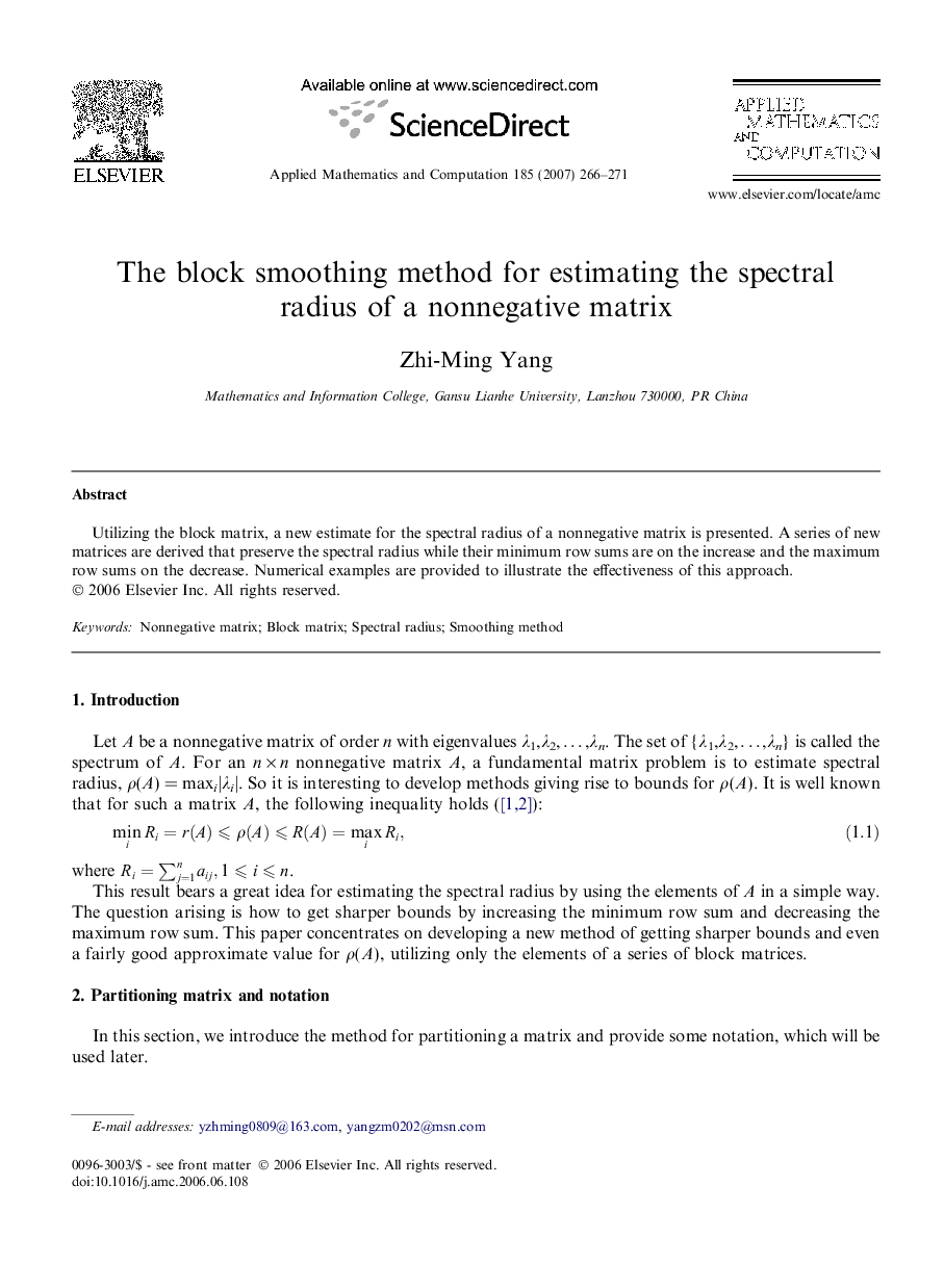 The block smoothing method for estimating the spectral radius of a nonnegative matrix