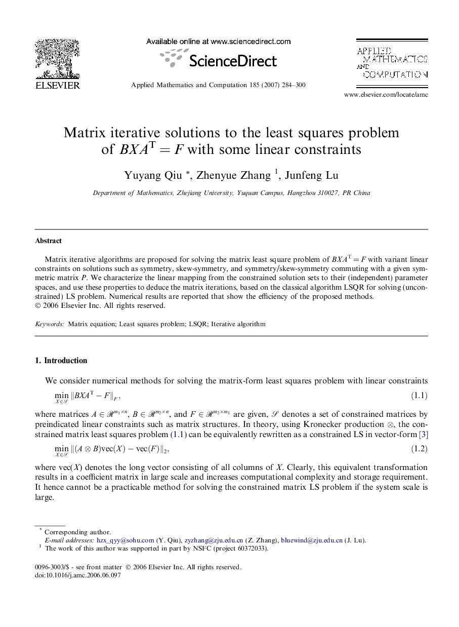 Matrix iterative solutions to the least squares problem of BXATÂ =Â F with some linear constraints