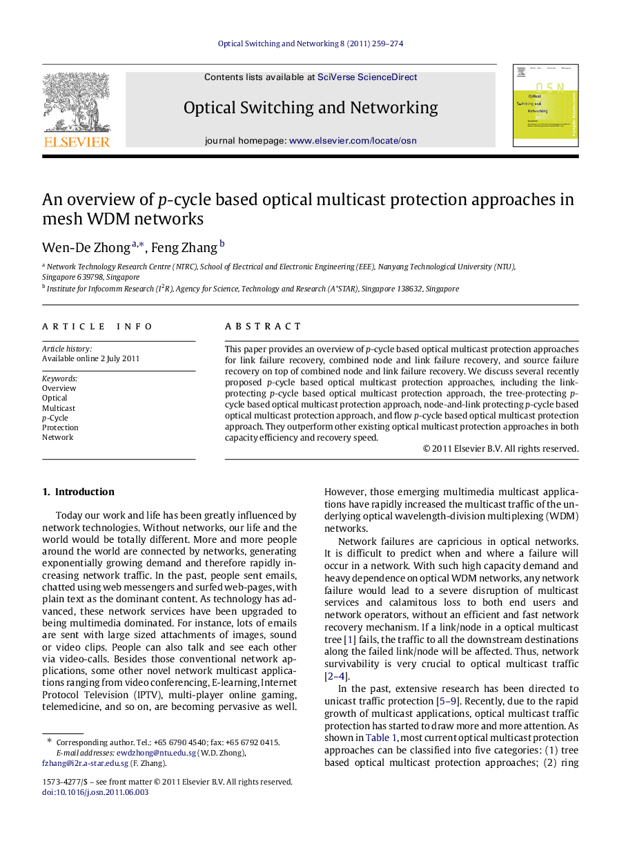 An overview of p-cycle based optical multicast protection approaches in mesh WDM networks