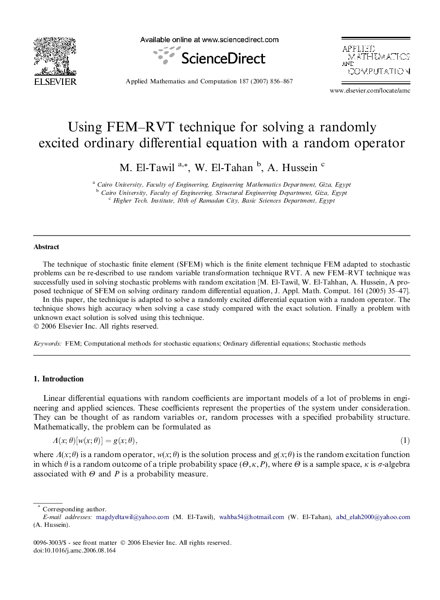 Using FEM–RVT technique for solving a randomly excited ordinary differential equation with a random operator