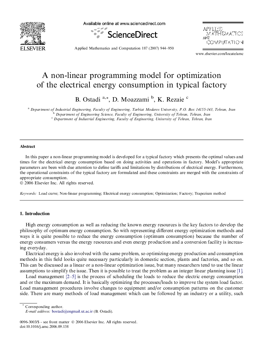 A non-linear programming model for optimization of the electrical energy consumption in typical factory