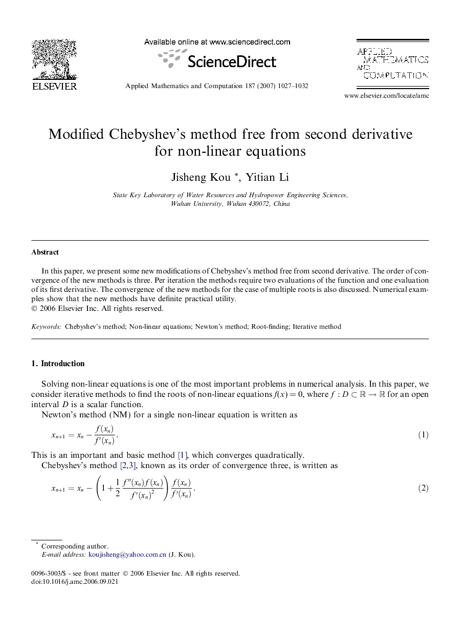 Modified Chebyshev’s method free from second derivative for non-linear equations