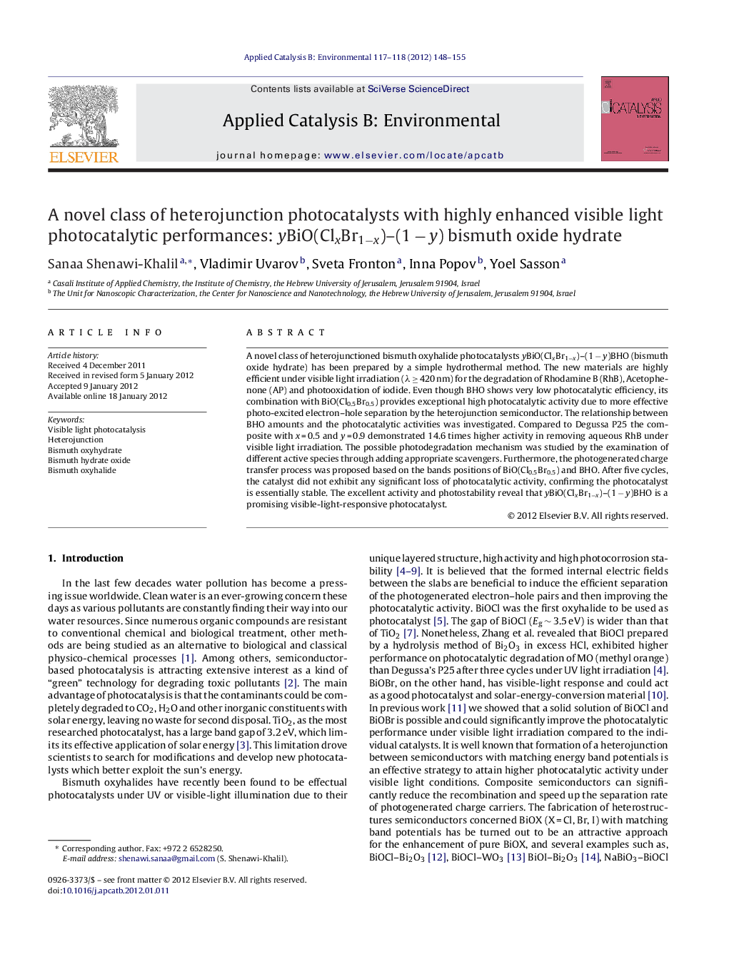 A novel class of heterojunction photocatalysts with highly enhanced visible light photocatalytic performances: yBiO(ClxBr1−x)–(1 − y) bismuth oxide hydrate