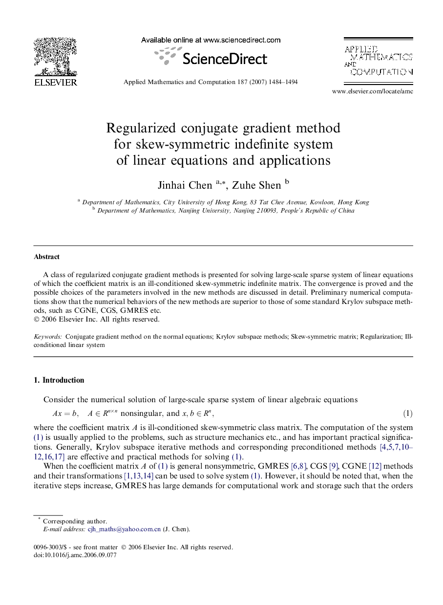 Regularized conjugate gradient method for skew-symmetric indefinite system of linear equations and applications