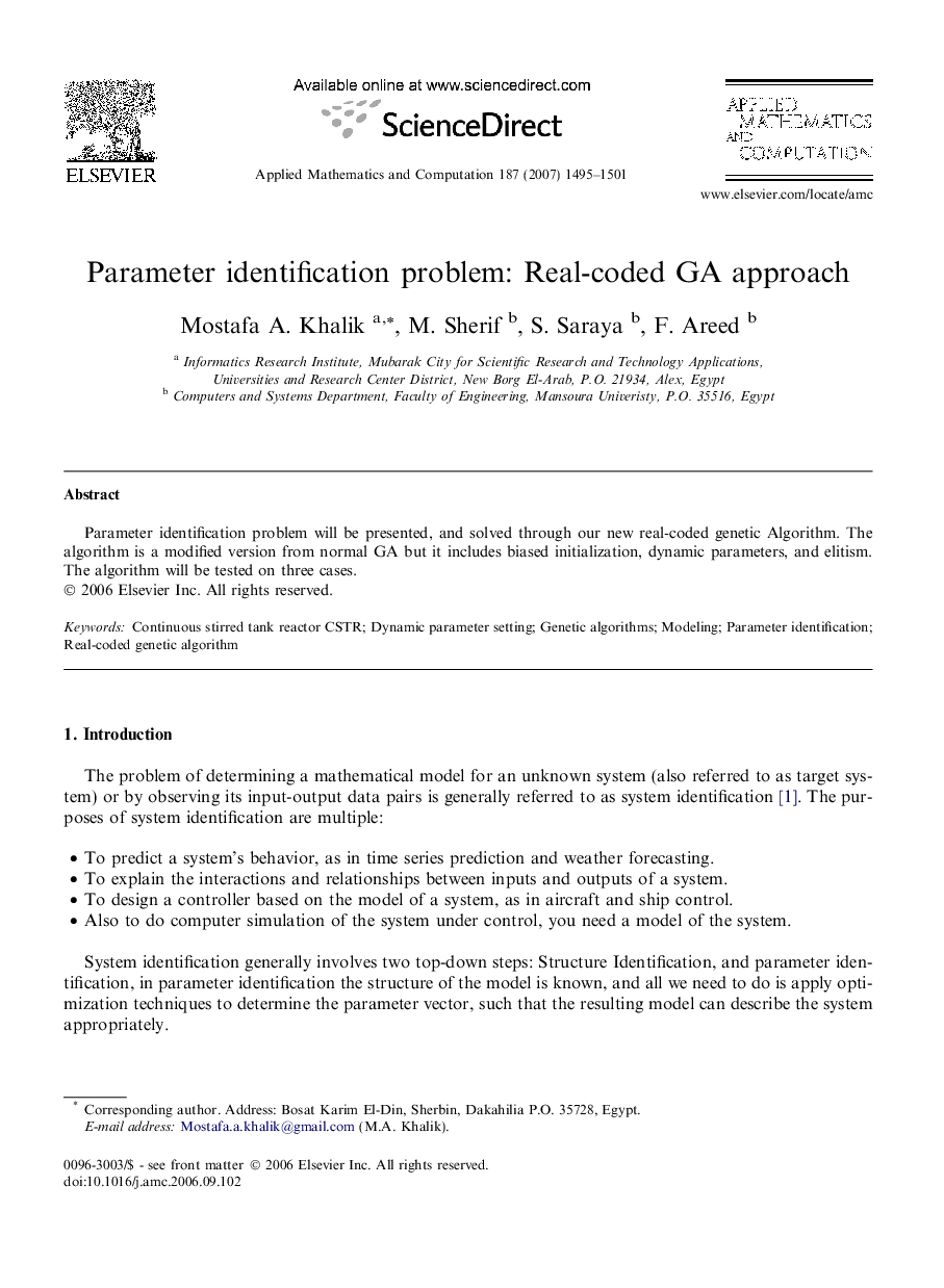 Parameter identification problem: Real-coded GA approach