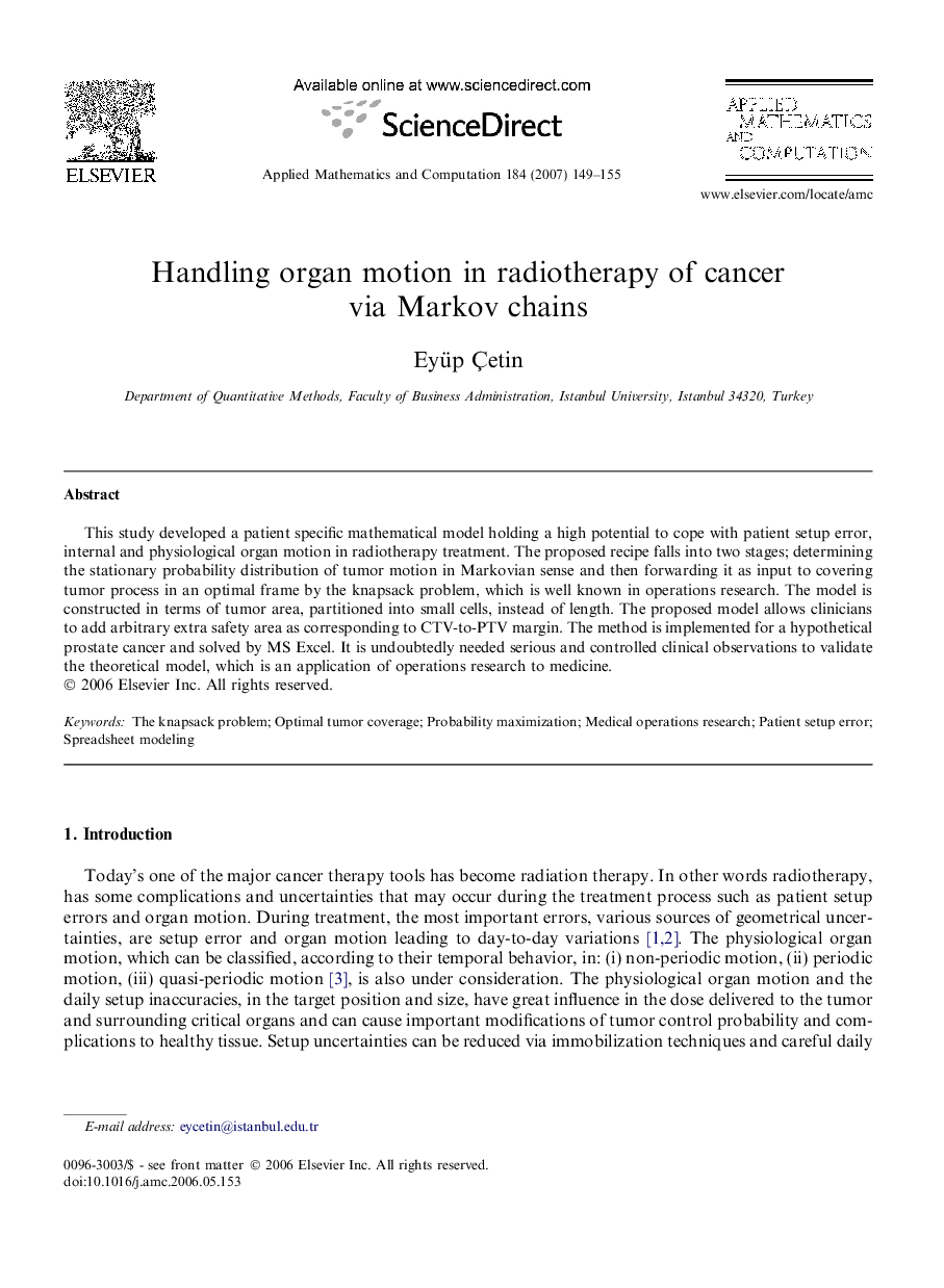 Handling organ motion in radiotherapy of cancer via Markov chains