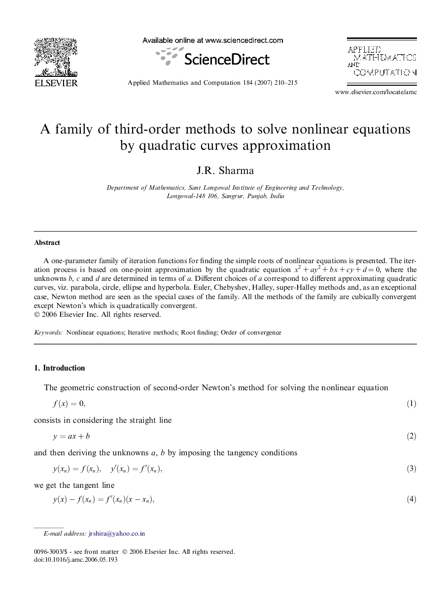 A family of third-order methods to solve nonlinear equations by quadratic curves approximation