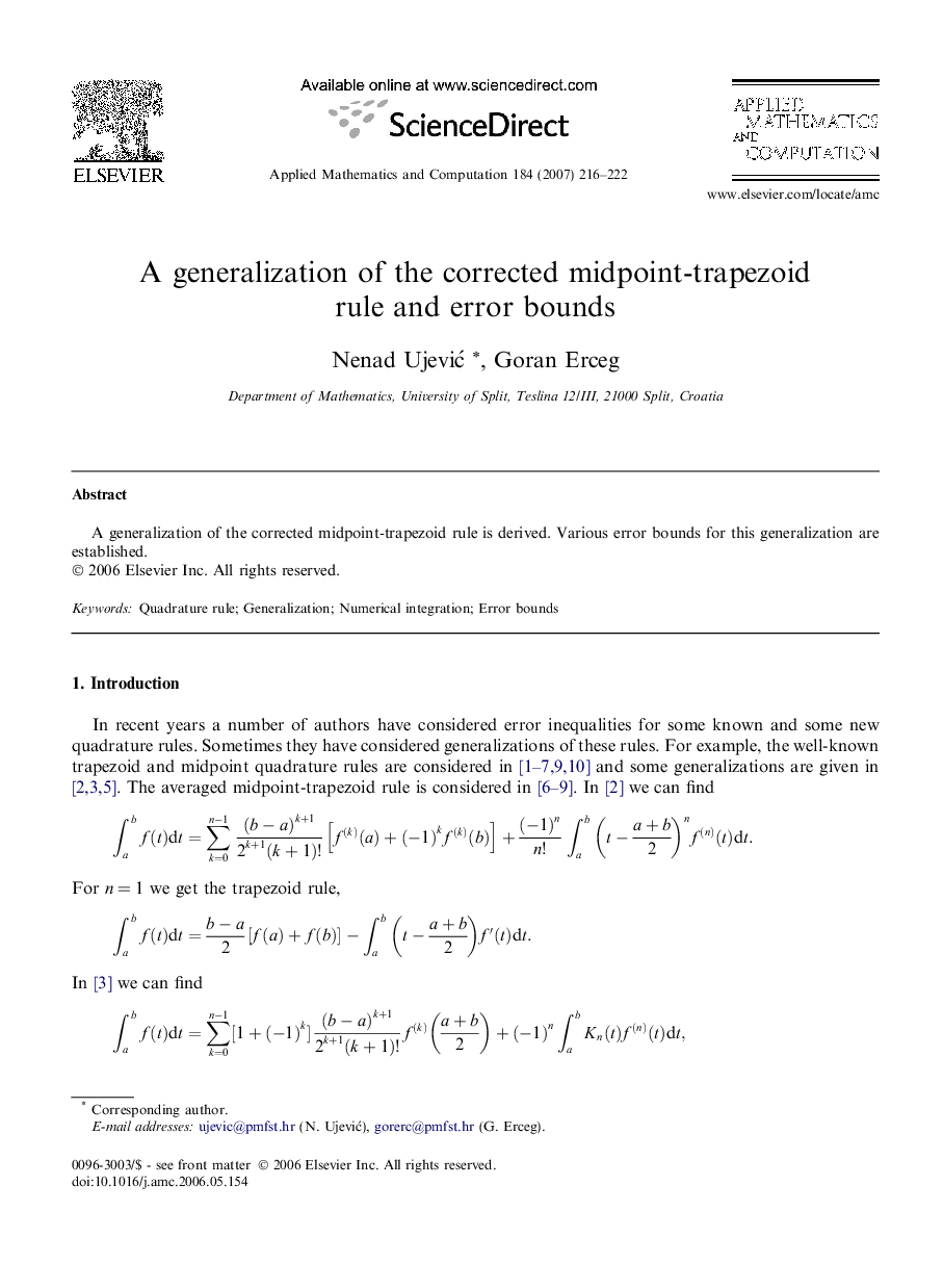 A generalization of the corrected midpoint-trapezoid rule and error bounds