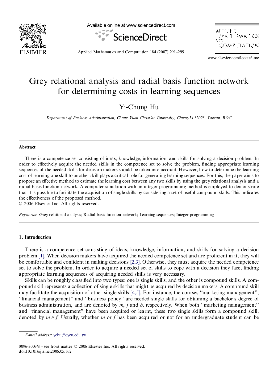 Grey relational analysis and radial basis function network for determining costs in learning sequences