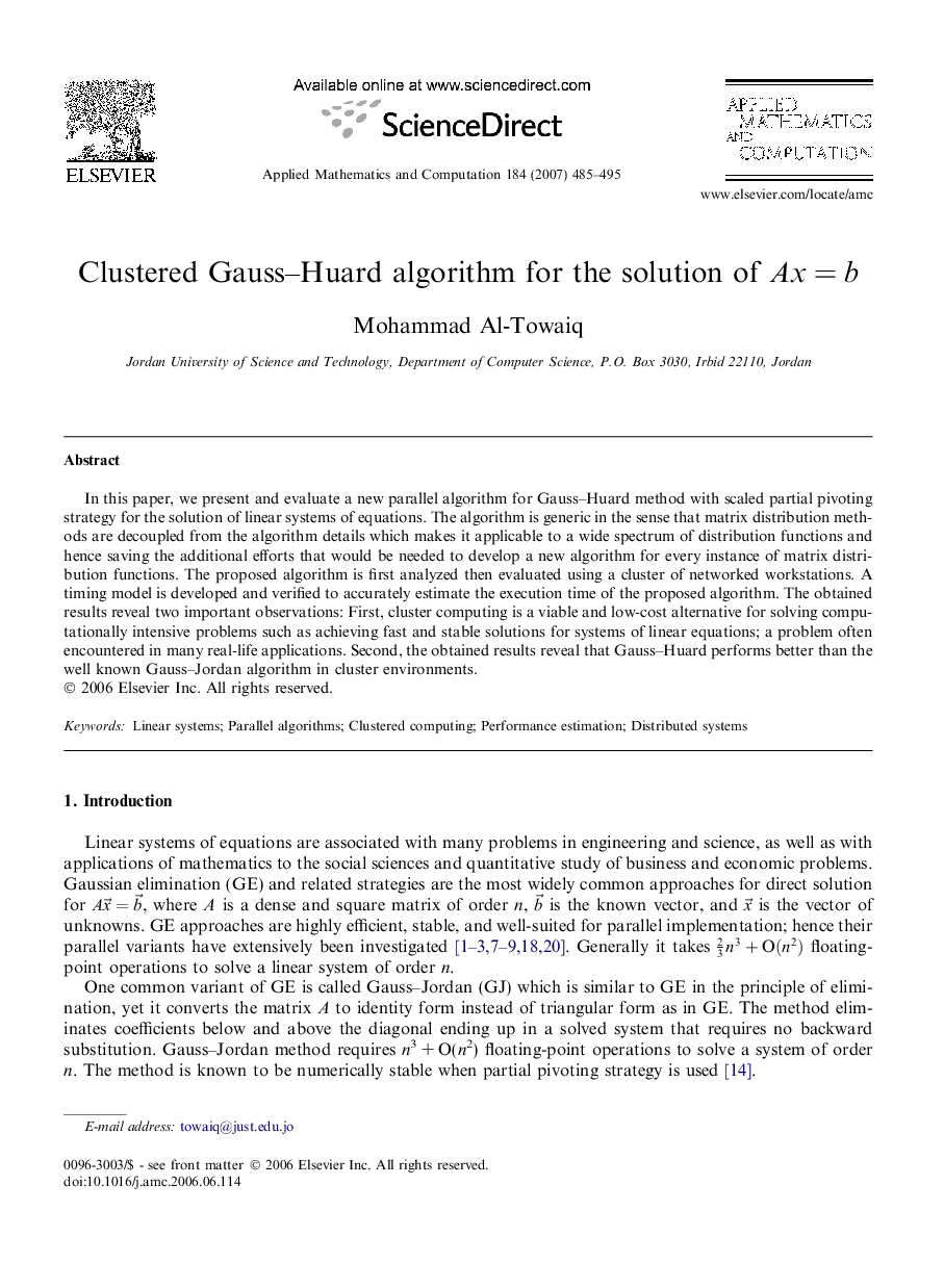 Clustered Gauss–Huard algorithm for the solution of Ax = b