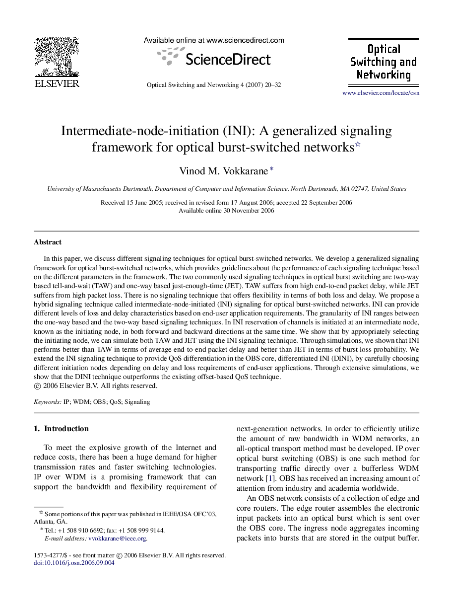 Intermediate-node-initiation (INI): A generalized signaling framework for optical burst-switched networks 